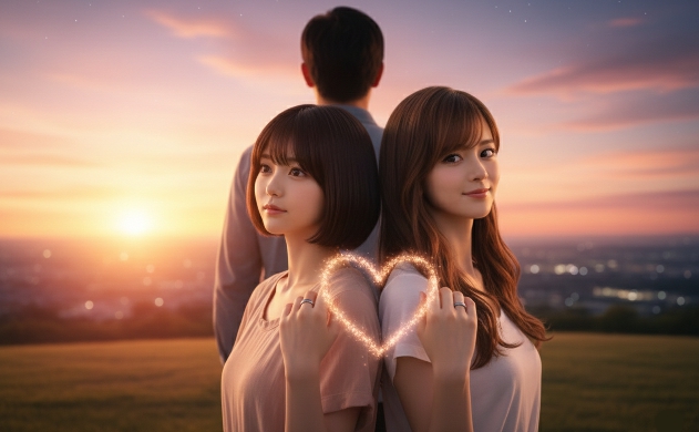 夕焼けに染まる丘の上で、肩を寄せ合い地平線を眺めるあいみと美羽。Oura Ring 4が輝く二人の手元には、光るハートが浮かび、佐藤誠の頼もしい後ろ姿が優しく見守る、感動的な情景。