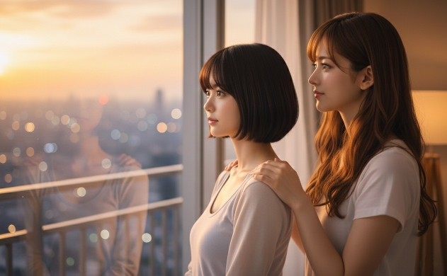 夕暮れの窓辺で、アンバー色の間接照明に照らされながら外を眺めるあいみと美羽