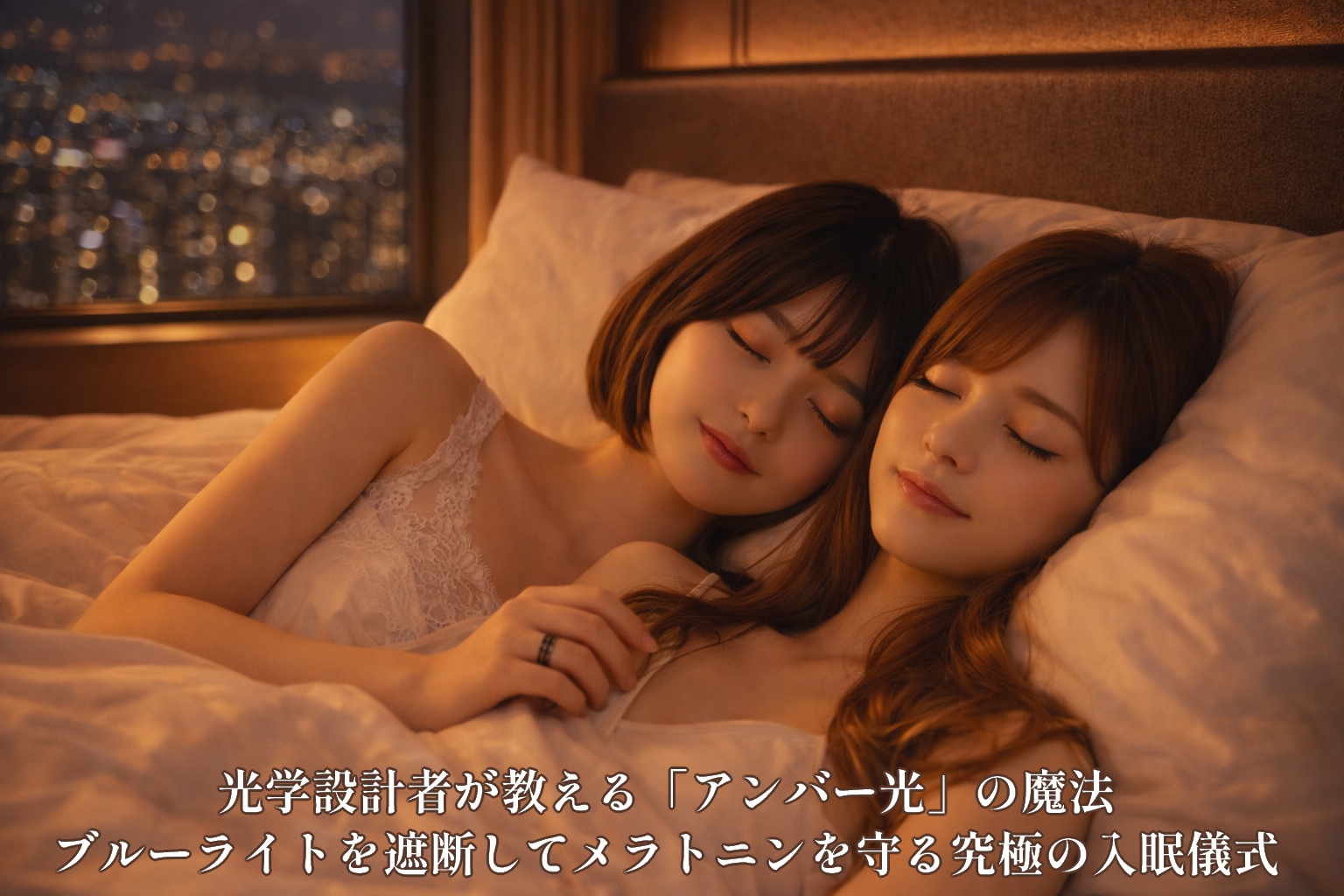 最高級ホテルのベッドでアンバー色の光に包まれながら、寄り添って眠るあいみと美羽の姿