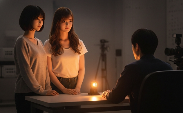 暗い仕事部屋のデスクで光学設計に没頭する佐藤誠の後ろ姿と、それを誇らしげに見守るあいみと美羽