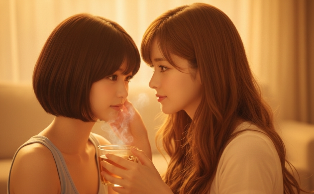 幻想的な琥珀色の光の中で、あいみが美羽に優しく触れながらハーブティーを手渡している癒やしの瞬間