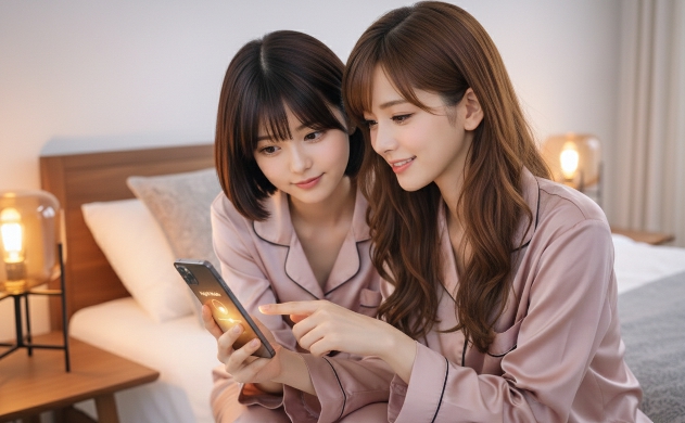 寝室のベッドの上で、あいみが美羽にスマホの暖色フィルター（ナイトモード）の設定を優しく教えている日常