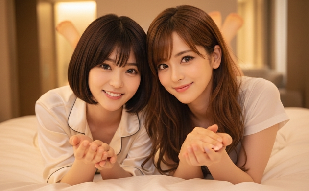 琥珀色の光が満ちるベッドの上で、二人で並んでこちらを見つめ、優しく微笑みながら手を差し伸べているフィナーレショット