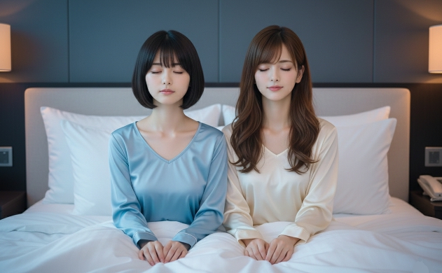 深部体温が下がる様子をイメージした静かな青い光の中、ベッドで並んで目を閉じ、眠りの準備を整えるあいみと美羽。