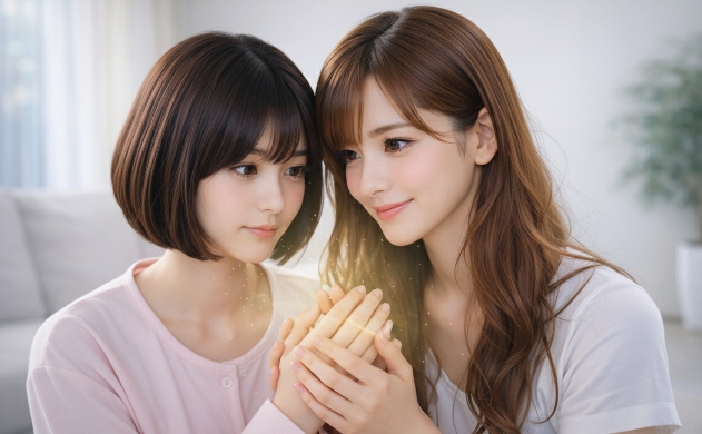 眠くなるサインである「手足の放熱」を確かめるように、あいみが美羽の温かくなった手を優しく包み込んでいるアップショット。