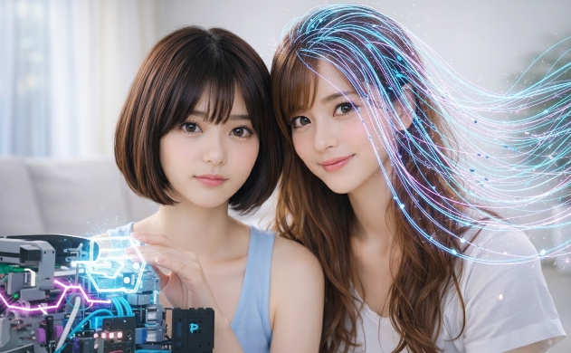 AMRロボットの繊細な内部配線と、あいみ・美羽の柔らかな髪がシンクロする、工学と感情が融合した幻想的なイメージ図。