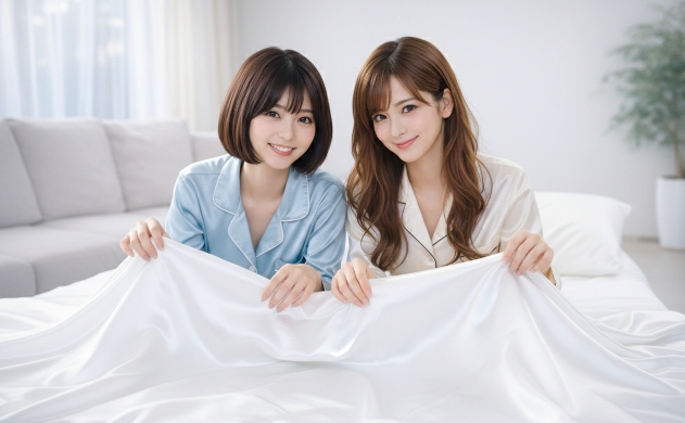 通気性の良いシルクのパジャマを身にまとい、滑らかなシーツの上で心地よくリラックスして放熱を促しているあいみと美羽。