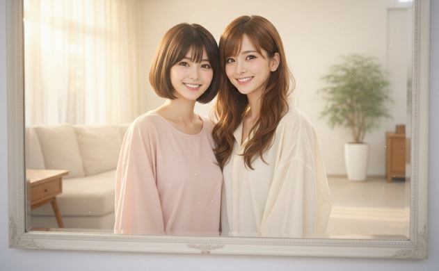 翌朝の柔らかな日差しの中、ぐっすり眠って肌がツヤツヤになったあいみと美羽が、鏡の前で幸せそうに微笑み合っている姿。