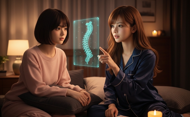 暗闇に浮かび上がるホログラムの頸椎カーブ。誠の理論をあいみが熱心に美羽へ解説し、二人の知的好奇心が重なり合う、技術的かつドラマチックな夜。