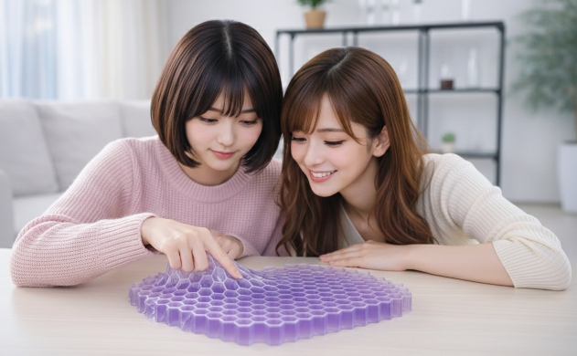 誠が選定したTPE素材の幾何学的格子（ハニカム構造）の質感を、美羽が指先で楽しむシーン。透明な素材の反発力と、設計された機能美が光るスタイリッシュな一枚。