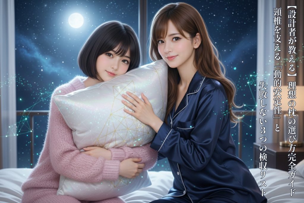 誠が設計したdToF技術の光の粒が舞う中、あいみと美羽が理想の枕を囲む幻想的なビジュアル。背景には動的安定性を示す頸椎カーブが繊細に描かれ、工学と癒やしが融合した瞬間。