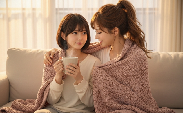 夕暮れ時のリビングで、ポニーテールのあいみが、疲れてソファーに座るショートボブの美羽の肩に、厚みのある柔らかなブランケットを優しく掛けて癒やしている、温かみのあるヒーリングシーン。