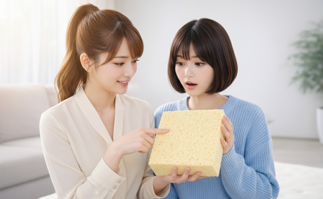 明るい寝室で、あいみと美羽が高級ウレタンフォームの断面サンプルを手に取り、その細かく密度の高い構造を興味深く観察している様子。あいみが人差し指で素材の質感を説明し、美羽が驚きの表情を見せている。