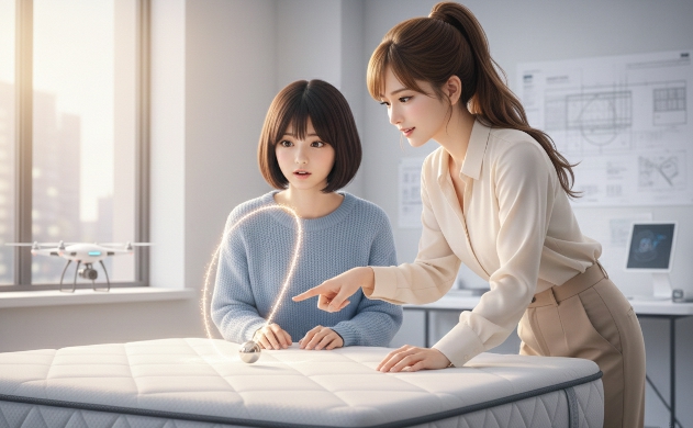 清潔感のあるデザインスタジオで、高反発マットレスの上に落とした金属球が理想的な放物線を描いて弾む様子を、あいみと美羽が身を乗り出して観察している。球の軌道が光のラインで可視化された、科学と美が融合したシーン。