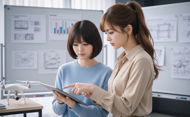 洗練されたオフィス風の部屋で、あいみがタブレットを操作しながら、美羽にカタログスペックの裏に隠された設計意図を真剣に、かつ優しくレクチャーしている様子。背景にはエンジニアリングのスケッチが並んでいる。