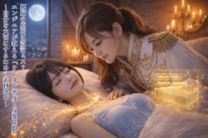 「眠れる森の美女」をオマージュした幻想的な寝室。ショートボブの美羽姫が高級マットレスで眠り、ポニーテールのあいみ王子が背後から顔を近づけて見守るロマンチックな実写風シーン。傍らには「50D・高密度」と書かれた黄金のマットレス設計図がホログラムで浮かんでいる。