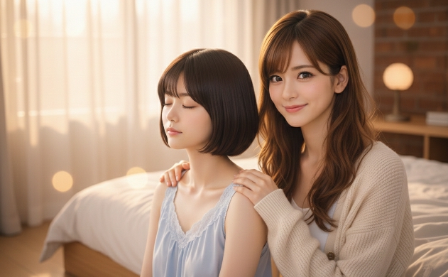 柔らかな朝の光が差し込む部屋で、あいみが美羽の肩に優しく手を添え、読者に向かって慈愛に満ちた微笑みを向ける様子。「今日はもう休んでいいよ」という癒やしと肯定を表現した、温かみのあるポートレート写真。