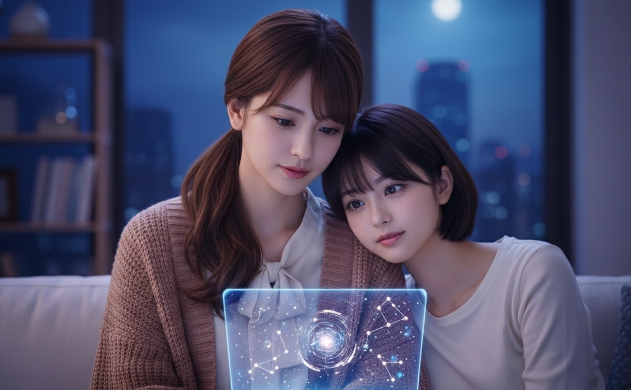 夜のブルーの時間帯、ソファに寄り添って座るあいみと美羽。手元のホログラムに映し出された星座や光の軌跡を見つめ、これまでの美容と眠りの旅路がすべて繋がっていることを確信し、穏やかに振り返っている知的な雰囲気のシーン。