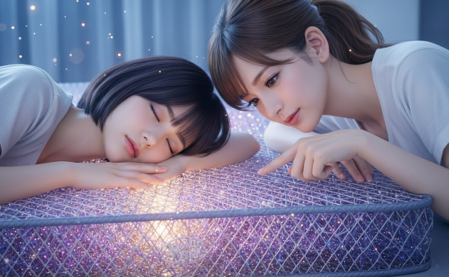 ブレインスリープの特殊な3Dメッシュ構造のアップ。星屑を編み込んだようにキラキラと透き通った紫と金の輝きを放つファイバー。その横で、安らかに眠る美羽の温かな肌と、あいみがその革新的な構造を指し示している、テクノロジーと美しさが融合したクローズアップ。