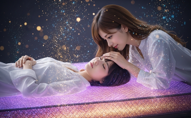 ドラマチックな照明の下、マットレスの上で眠る美羽の額にあいみがそっと手をかざしている。マットレスの内部から熱が逃げていく様子を、幻想的な金と青の光の粒子のミストとして表現した、エネルギーが充填・再生されていく瞬間を捉えたシネマティックな画像。