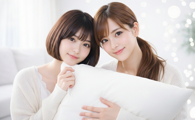 明るく柔らかなハイキーな空間で、一つの白い枕を二人で抱え、頭を寄せ合ってカメラ（読者）を真っ直ぐに見つめるあいみと美羽。透明感あふれる笑顔で「一緒に綺麗になろうね」という約束を交わしている、多幸感に満ちた結びの一枚。