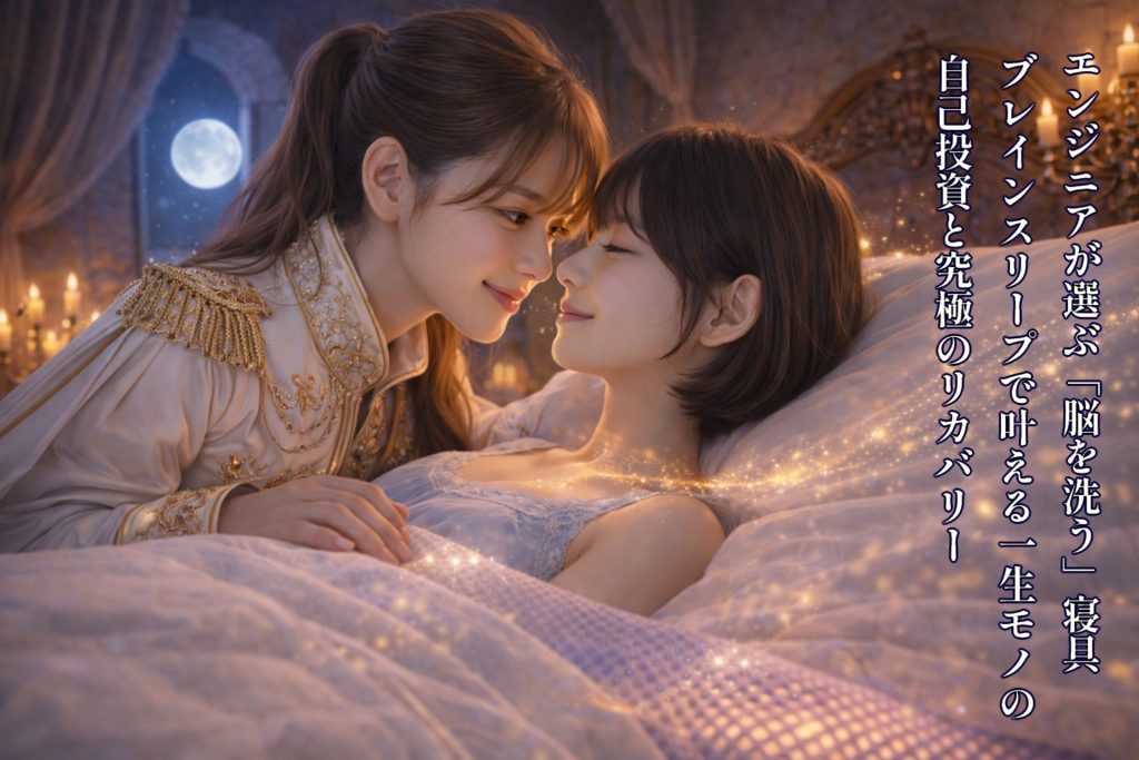 月明かりが差し込む寝室で、ブレインスリープ・マットレスに横たわる美羽姫と、その傍らで優しく見つめ合うあいみ王子。キスを交わした直後のような、潤んだ唇と深い信頼に満ちた微笑みを交わす二人。周囲には放熱の最適化を象徴する金色の光の粒子が舞い、神秘的で映画のような8Kの質感で描かれた「再生の瞬間」のイメージ。