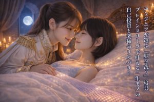 月明かりが差し込む寝室で、ブレインスリープ・マットレスに横たわる美羽姫と、その傍らで優しく見つめ合うあいみ王子。キスを交わした直後のような、潤んだ唇と深い信頼に満ちた微笑みを交わす二人。周囲には放熱の最適化を象徴する金色の光の粒子が舞い、神秘的で映画のような8Kの質感で描かれた「再生の瞬間」のイメージ。