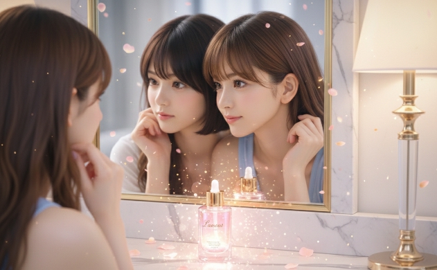 高級感のあるドレッサーの鏡に映る、見つめ合うあいみと美羽。手前には「L'amour」と刻印された、ピンクとゴールドの光を放つ魔法の美容液ボトルが置かれ、周囲を舞うバラの花びらと光の粒子が、ロジックを超えた愛の輝きを表現している。