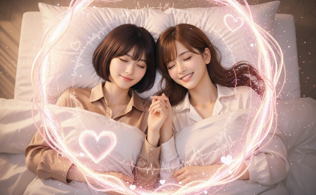 白いベッドで手を取り合って眠るあいみと美羽の俯瞰写真。二人を包み込むように、心拍の同調を象徴するピンク色の光の輪(コヒーレンス・オーブ)が浮かび、微かなハートのアイコンと心拍波形が、二人の生命リズムが一つに溶け合う様子を視覚化している。