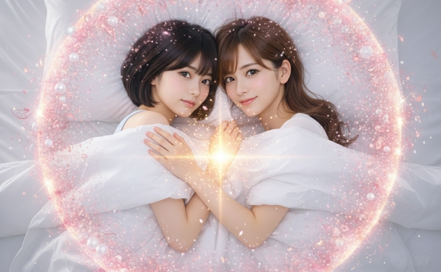 布団の中で寄り添うあいみと美羽。二人の間から溢れ出す温かな黄金色の光が、周囲の暗い孤独のノイズを浄化し、ピンクとゴールドの光の粒子が二人を優しく守るように包み込んでいる、マジックリアリズム的な癒やしの情景。
