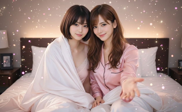 薄暗い寝室で、柔らかなシルクの毛布に包まれながら読者へ向かって優しく手を差し伸べるあいみと美羽。キャンドルのような温かい光と無数の光の粒に包まれ、慈愛に満ちた微笑みで「愛の魔法」へと誘う、情緒的で高精細なポートレート。