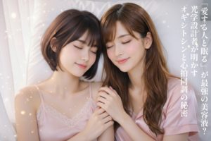 ピンクゴールドの柔らかな朝の光の中、額を寄せ合い幸せそうに眠るロングヘアの女性（あいみ）とショートボブの女性（美羽）。二人の指は枕の上で優しく絡み合い、深い信頼とオキシトシン溢れる絆を感じさせる幻想的な写真。