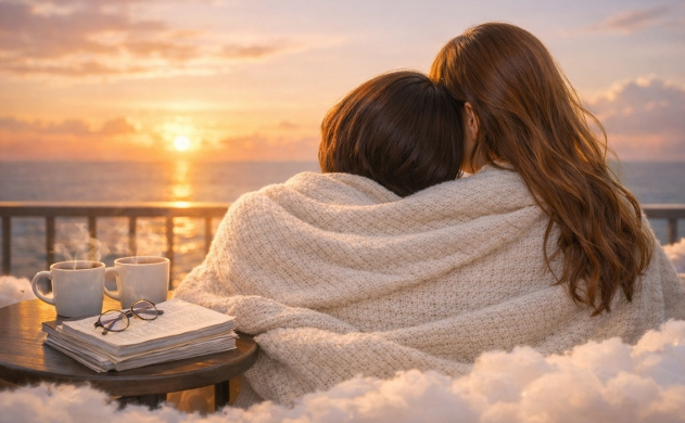 夜明けのバルコニーで、一つの毛布にくるまりながら水平線からの日の出を眺めるあいみと美羽。テーブルにはコーヒーと原稿が置かれた、達成感に満ちた静かな朝。
