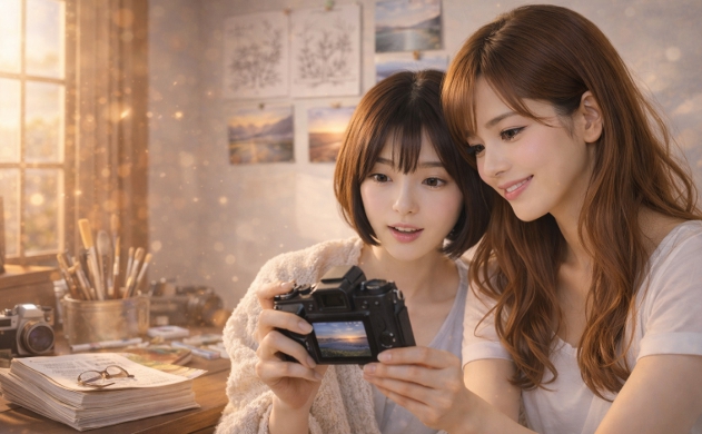 柔らかな光が差し込むアトリエで、カメラの液晶画面を一緒に覗き込み、感動を分かち合うあいみと美羽。壁にはこれまでの旅の記録であるスケッチや写真が並ぶ。