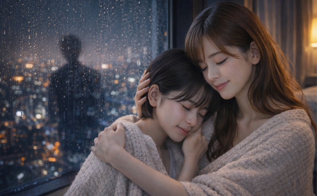 雨の降る夜のホテル。窓の外に広がる街の灯りを背に、涙を流す美羽を優しく抱きしめるあいみ。窓ガラスには、雨を見つめる誠のシルエットがかすかに映り込む。