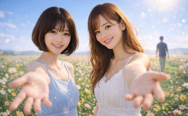 澄み渡る青空の下、一面の花畑に立ち、読者を未来へ誘うように手を差し伸べる笑顔のあいみと美羽。遠くの地平線へ向かって歩き出す誠の後ろ姿と、希望の光。