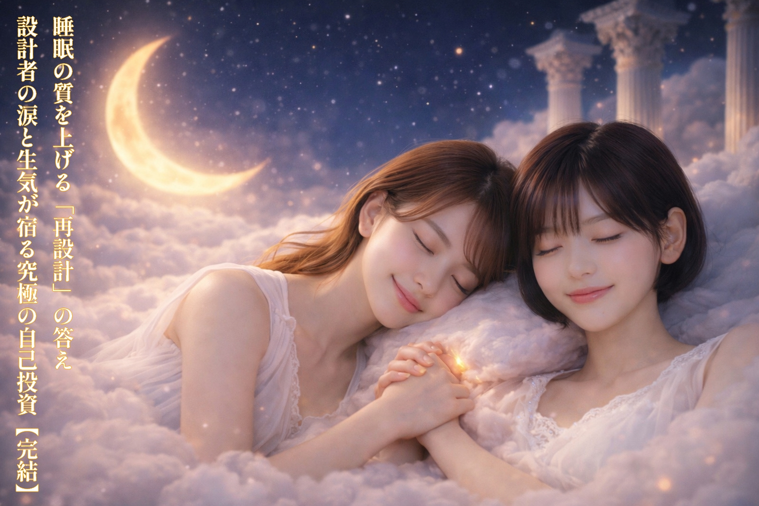 天空の神殿にて、巨大な三日月と天の川に見守られながら、雲のベッドで幸せそうに眠る女神姿のあいみと美羽。幻想的で美しい休息の風景。