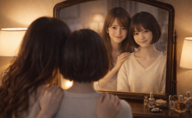 温かな間接照明に包まれた寝室の鏡の前で、自分を見つめる女性読者の肩に、女神あいみと美羽が優しく手を添え、鏡越しに「あなたは美しい」と伝えるように微笑みかけている、癒しに満ちた光景。