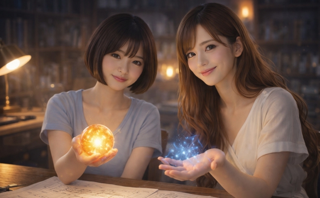 夜の書斎で設計図を広げ、光学設計者の視点から「光」と「熱」の制御を教える女神あいみと美羽。手元には琥珀色の光と青い熱の揺らぎが魔法のように浮かび、専門知識を優しく解説している。