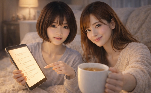 ふかふかの絨毯の上で、女神美羽が光るチェックリストを指さしながら可愛らしく微笑み、隣で女神あいみが温かいハーブティーを差し出している、親しみやすく安心感のある日常のワンシーン。