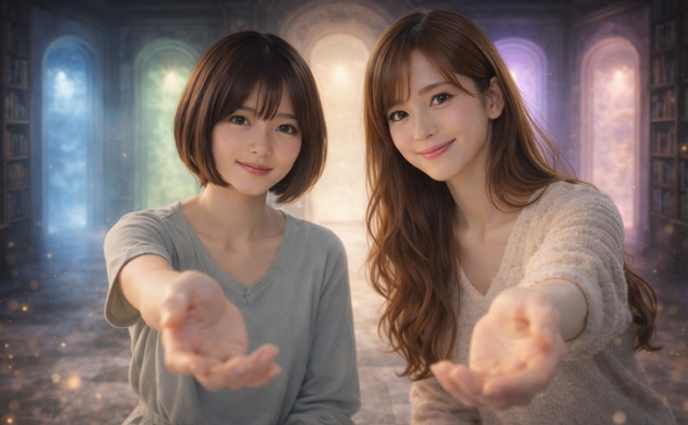 幻想的な夜の図書館で、異なる色の光を放つ4つの扉(案内図)を背に、女神あいみと美羽が「あなたにぴったりの道はこちらですよ」と優しく手を差し伸べて読者を導いているドラマチックな構図。