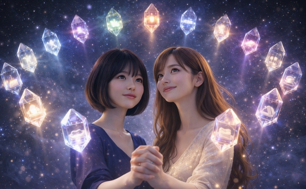 宇宙のような深い夜空に、12個の光輝くプリズムが円を描いて浮かび、その中心で女神あいみと美羽が、全12章の知識の結晶を誇らしげに、そして愛おしそうに見守っている神秘的なビジュアル。