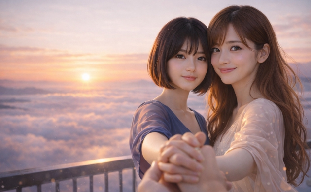美しい朝焼け(黎明)の地平線をベランダから眺める女神あいみと美羽。新しい自分に生まれ変わった読者の手を握り、希望に満ちた笑顔でこれからの輝かしい未来を祝福している感動的なフィナーレ。