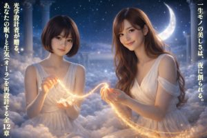星空が輝く夜の神殿で、二人の女神（ロングヘアのあいみとショートボブの美羽）が雲のソファに座り、月の光から「眠りの知恵」を象徴する黄金の光の糸を紡ぎ、読者へと優しく繋いでいる幻想的な写真。