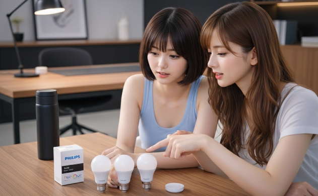 設計者の書斎で、Philips Hueのスマート照明デバイスを興味深く見つめるあいみと美羽。テーブルには誠さんのマットブラックの水筒が置かれ、知的なワクワク感を演出。