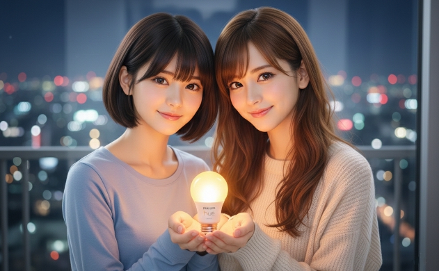 夜景の見える窓際で、読者へ向かって温かな電球を差し出し、優しく微笑むあいみと美羽。「光と一緒に新しい一歩を踏み出そう」という希望のメッセージを込めて。