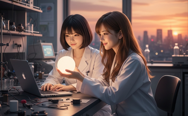 夕暮れ時のオレンジ色の空が広がる研究室で、柔らかな光を放つ球体ライトを愛おしそうに見つめるあいみと、その傍らでノートPCに向かう美羽。一日の終わりの安堵感と、これから始まる「光の魔法」を予感させる、温かで穏やかな夕暮れのひととき。