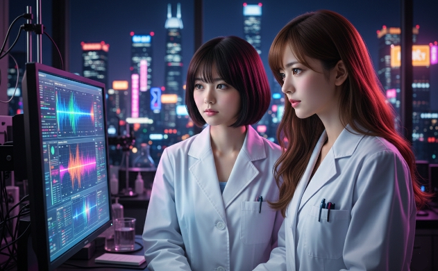 窓の外に広がる色鮮やかな夜の街の光が室内に影を落とす中、モニターに映るスペクトル分析データを真剣に議論するあいみと美羽。都会の夜が持つ光のエネルギーを冷静に分析し、その影響を解き明かそうとする研究者の知的な好奇心。