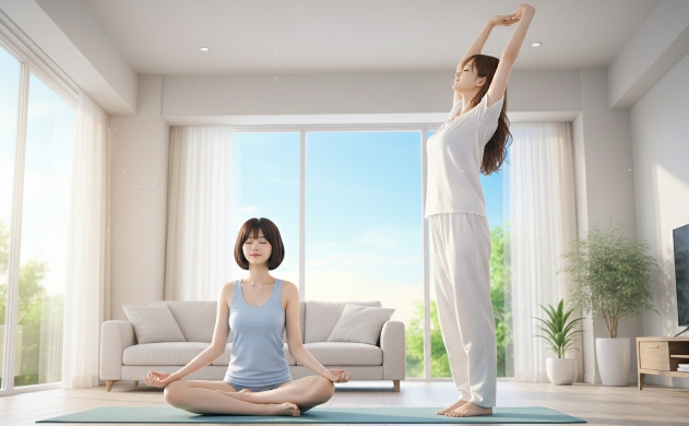 朝の柔らかな光を浴びながら、大きく伸びをするあいみと、ヨガマットの上で瞑想する美羽。サーカディアンリズム(体内時計)を整え、心身をリセットする光の役割を表現。