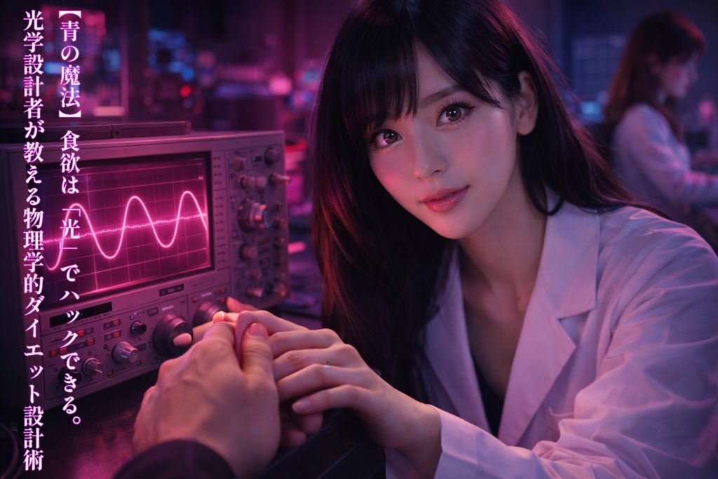 ピンク色のロマンチックな光に満ちた光学ラボでの一人称視点。白衣を着た女性エンジニア(あいみ)が、オシロスコープのダイヤルに添えた自分の手に、重なるように触れられた主人公の手を驚きと喜びの混じった表情で見つめている。潤んだ瞳と濡れた質感の唇が、秘密の瞬間の高揚感を演出し、背景には作業に没頭するもう一人のエンジニア(美羽)がぼやけて映る、ドラマチックなワンシーン。